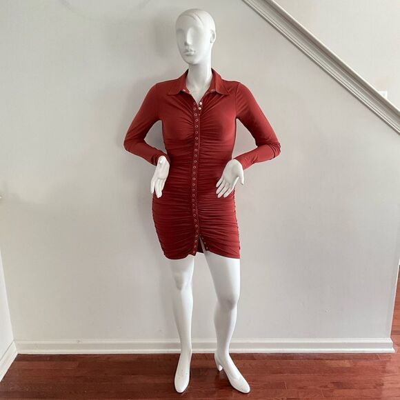 A.L.C. Larsen Rust Long Sleeve Ruched Dress L ASOTV - Picture 9 of 12
